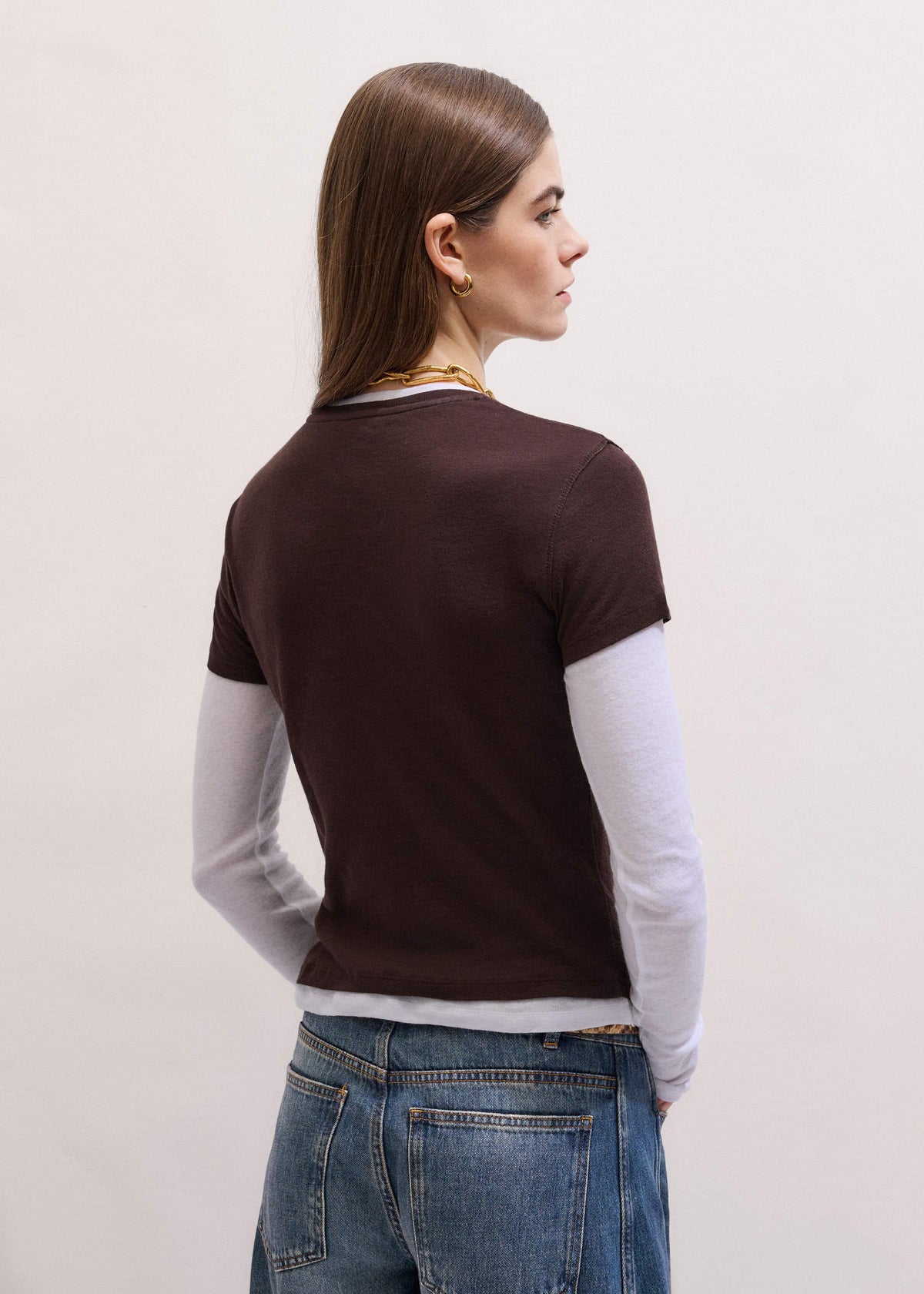 ME+EM Brown Sheer Double-Layer Look Top