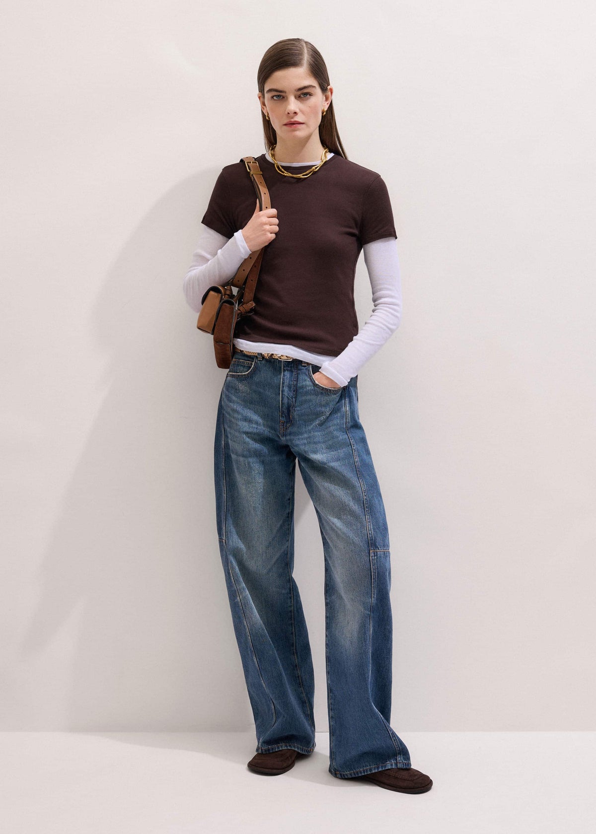ME+EM Brown Sheer Double-Layer Look Top