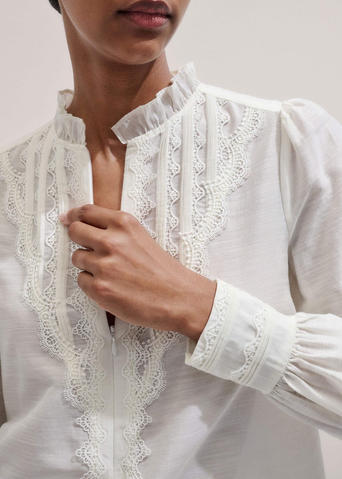 ME+EM Cream Delicate Lace Trim Detail Top