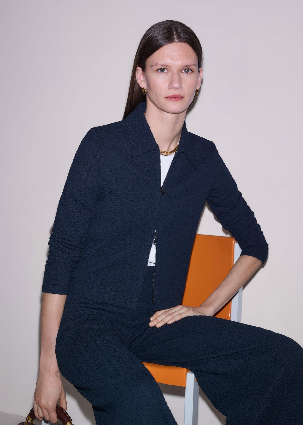 ME+EM Navy Curling Crosses Jacquard Textured Zip Top