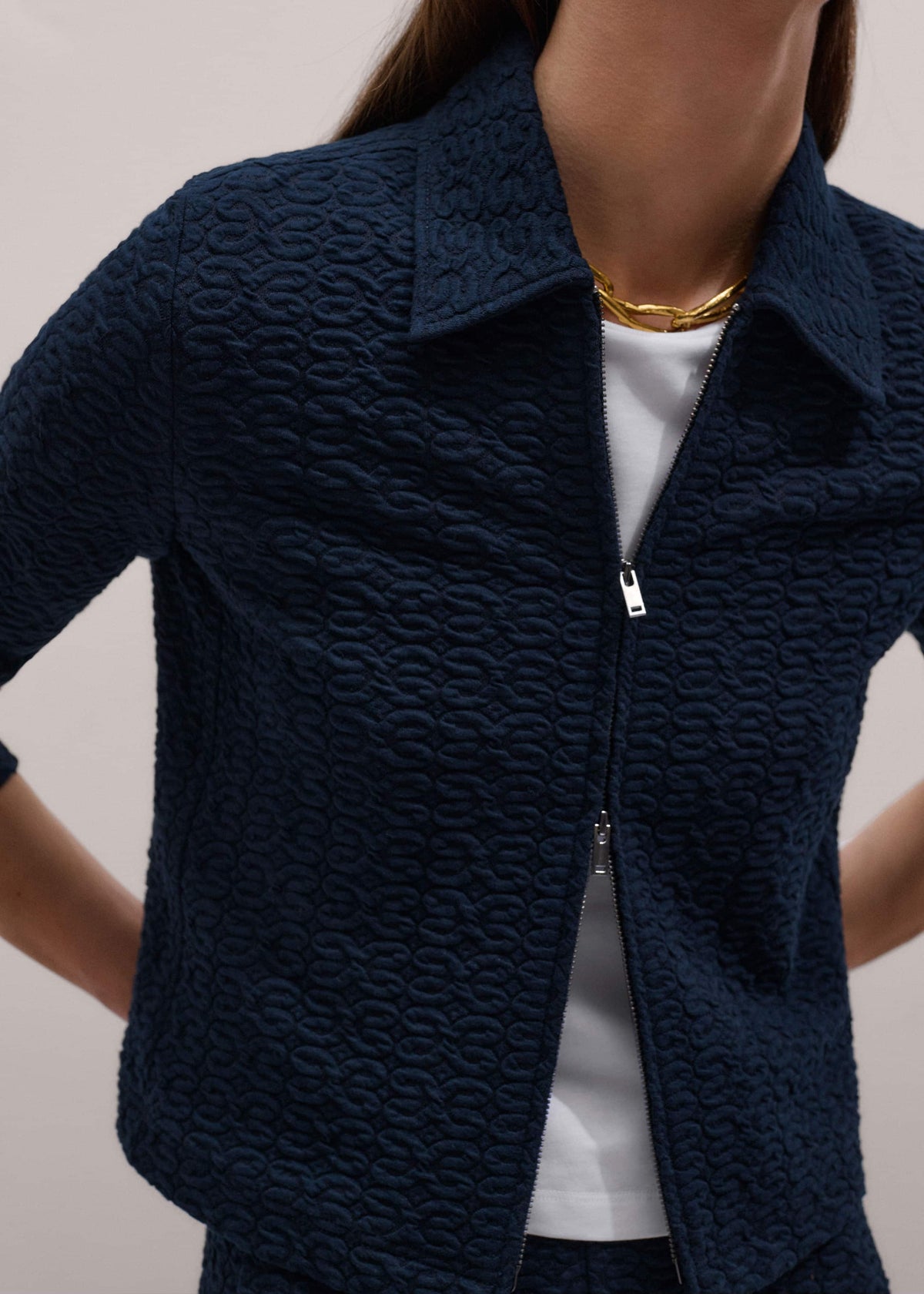 ME+EM Navy Curling Crosses Jacquard Textured Zip Top