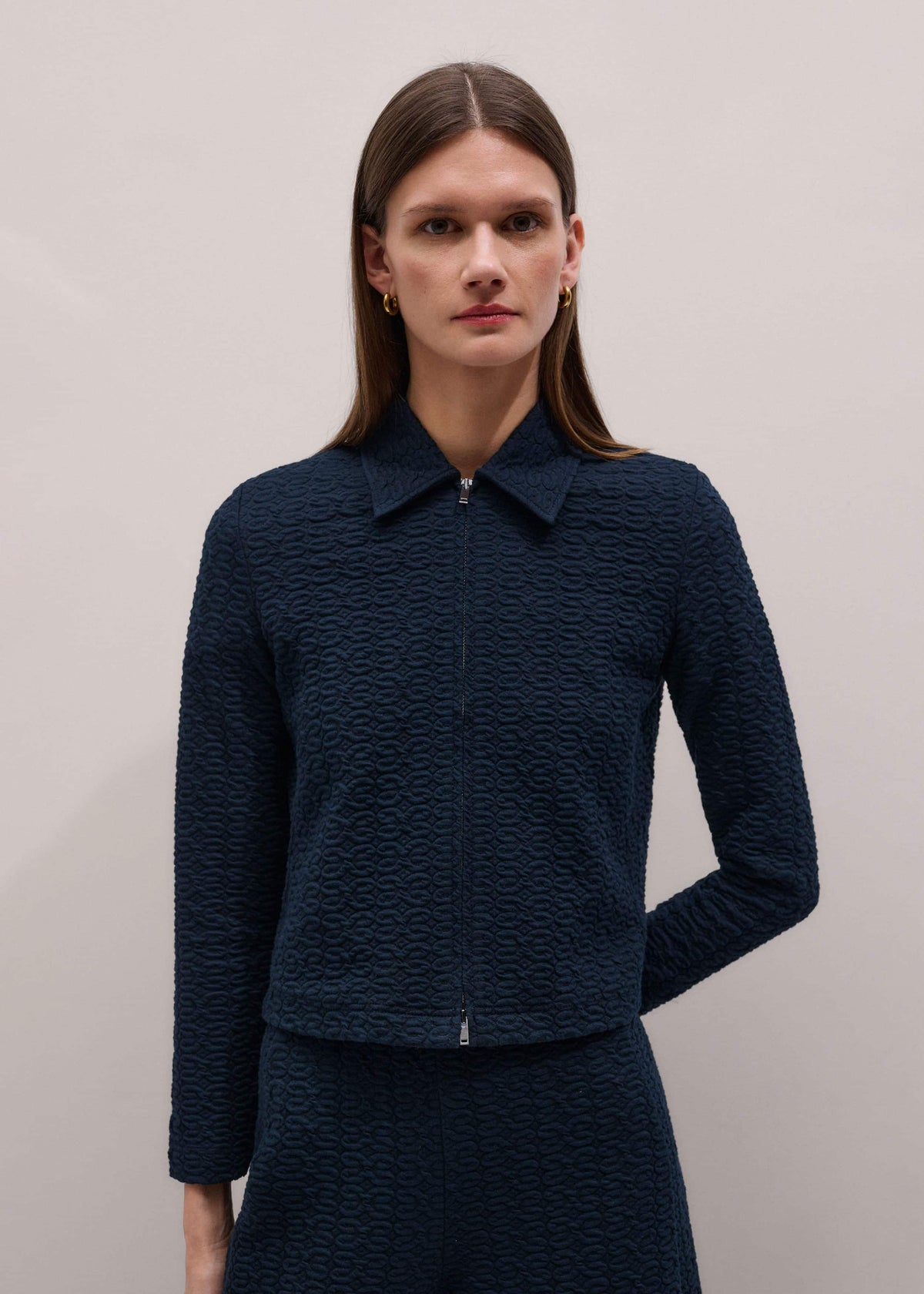 ME+EM Navy Curling Crosses Jacquard Textured Zip Top