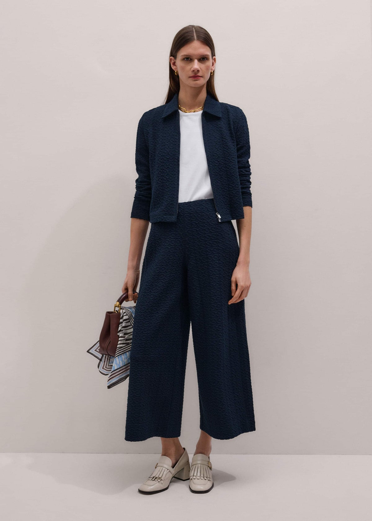 ME+EM Navy Curling Crosses Jacquard Textured Zip Top