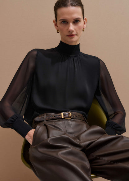 ME+EM Black Silk Chic Rib Straight Blouse