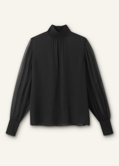 ME+EM Black Silk Chic Rib Straight Blouse