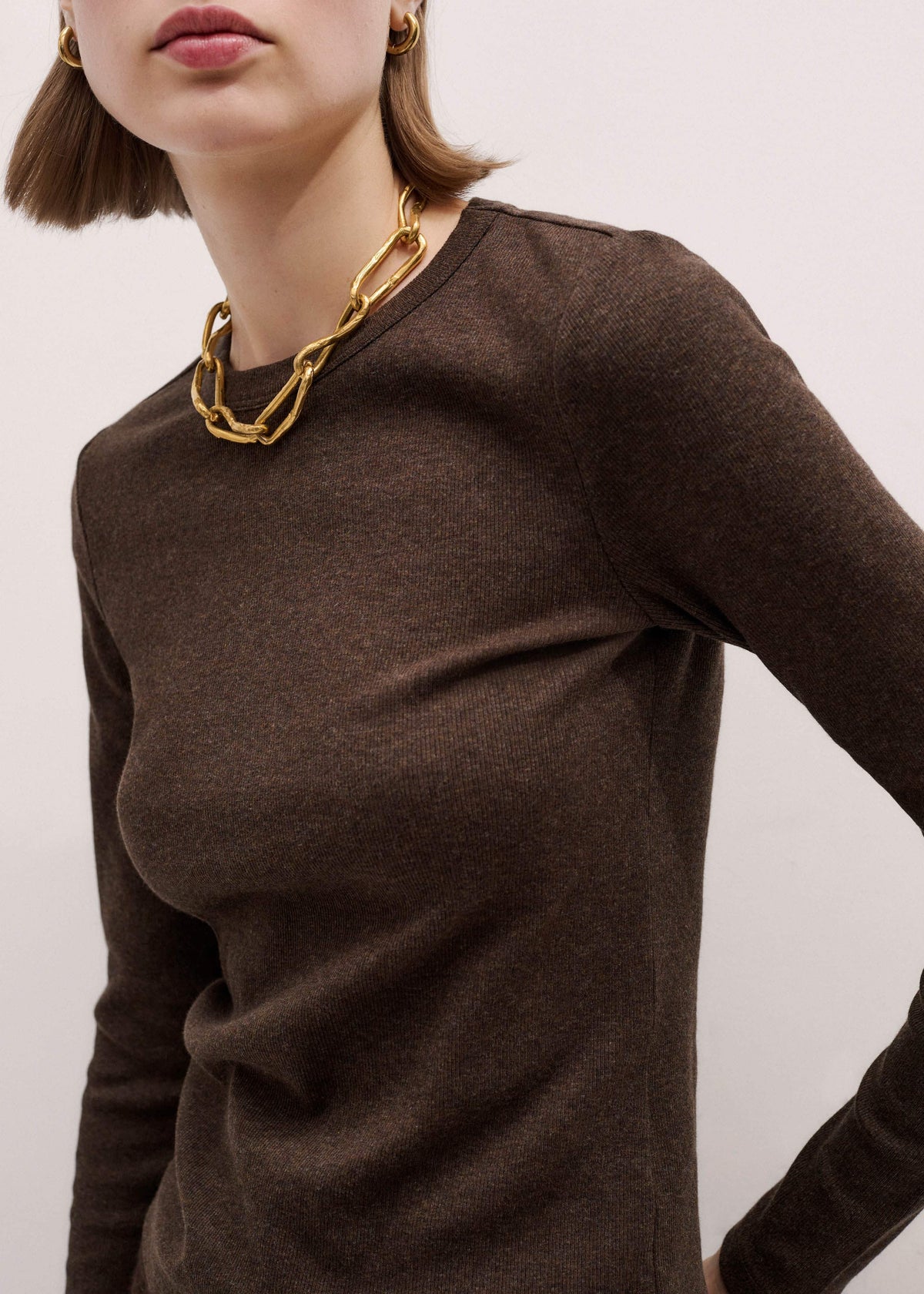 ME+EM Brown Cotton Rib Perfect Basic Top