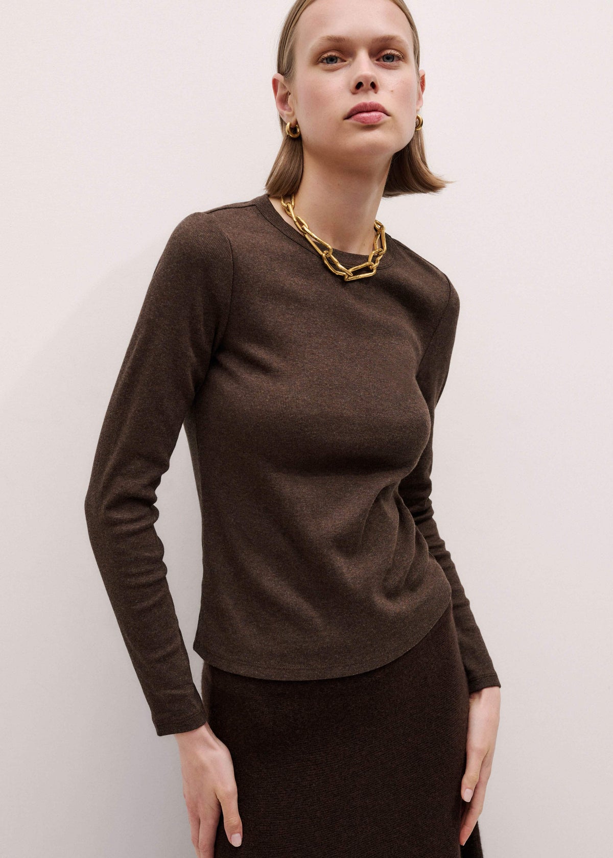 ME+EM Brown Cotton Rib Perfect Basic Top