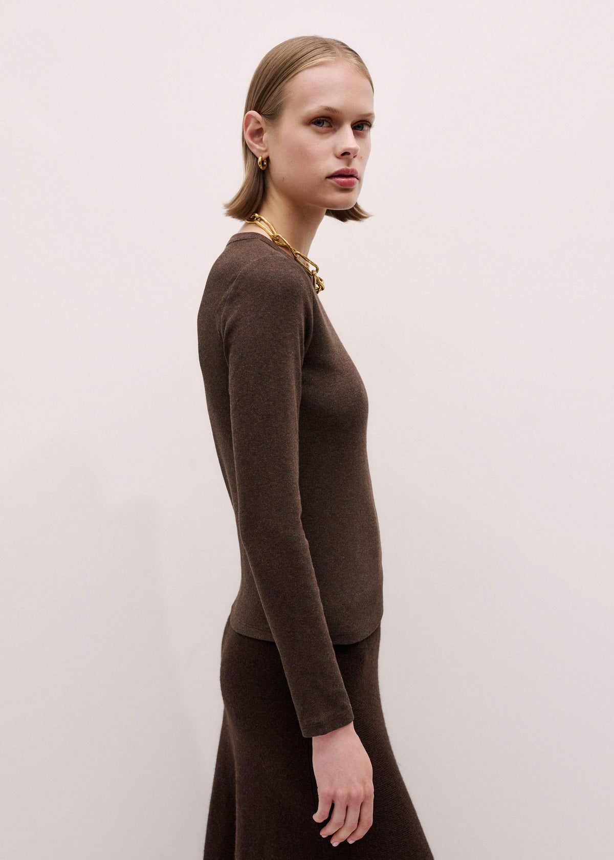 ME+EM Brown Cotton Rib Perfect Basic Top