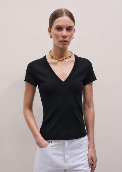 ME+EM Black Ultimate Fitted Rib V-Neck Tee
