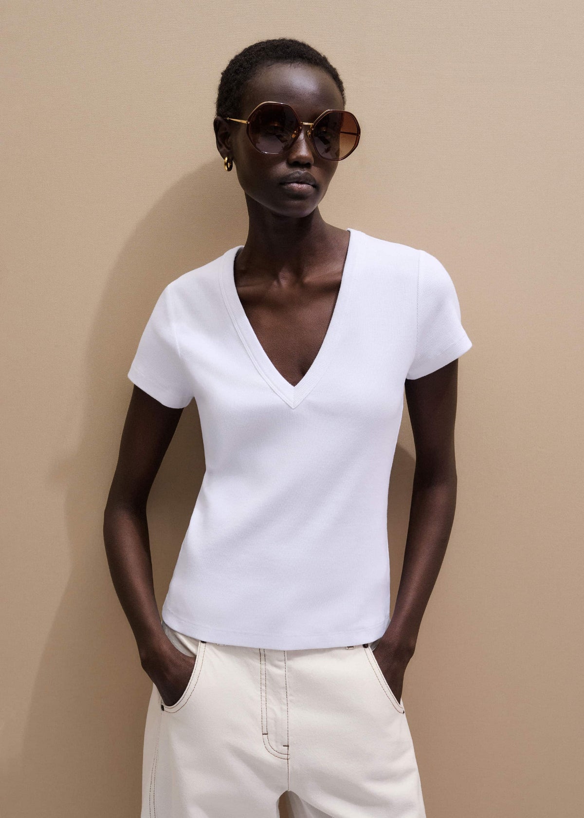 ME+EM White Ultimate Fitted Rib V-Neck Tee