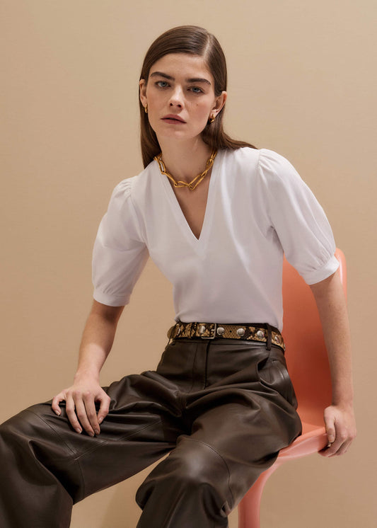 ME+EM White Feminine Sleeve V-Neck Tee