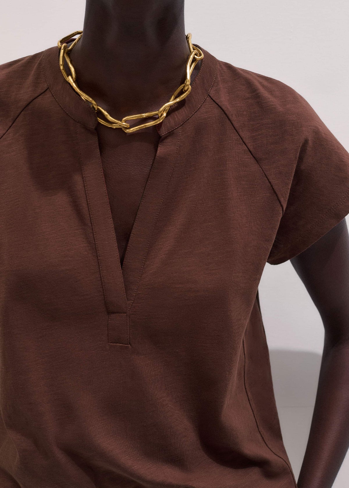 ME+EM Cinnamon Open Placket V-Neck Swing Top