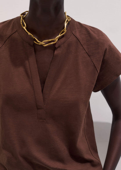 ME+EM Cinnamon Open Placket V-Neck Swing Top