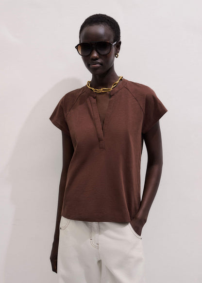 ME+EM Cinnamon Open Placket V-Neck Swing Top
