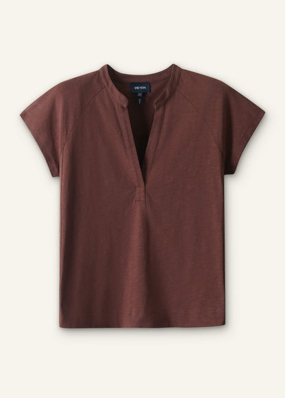 ME+EM Cinnamon Open Placket V-Neck Swing Top