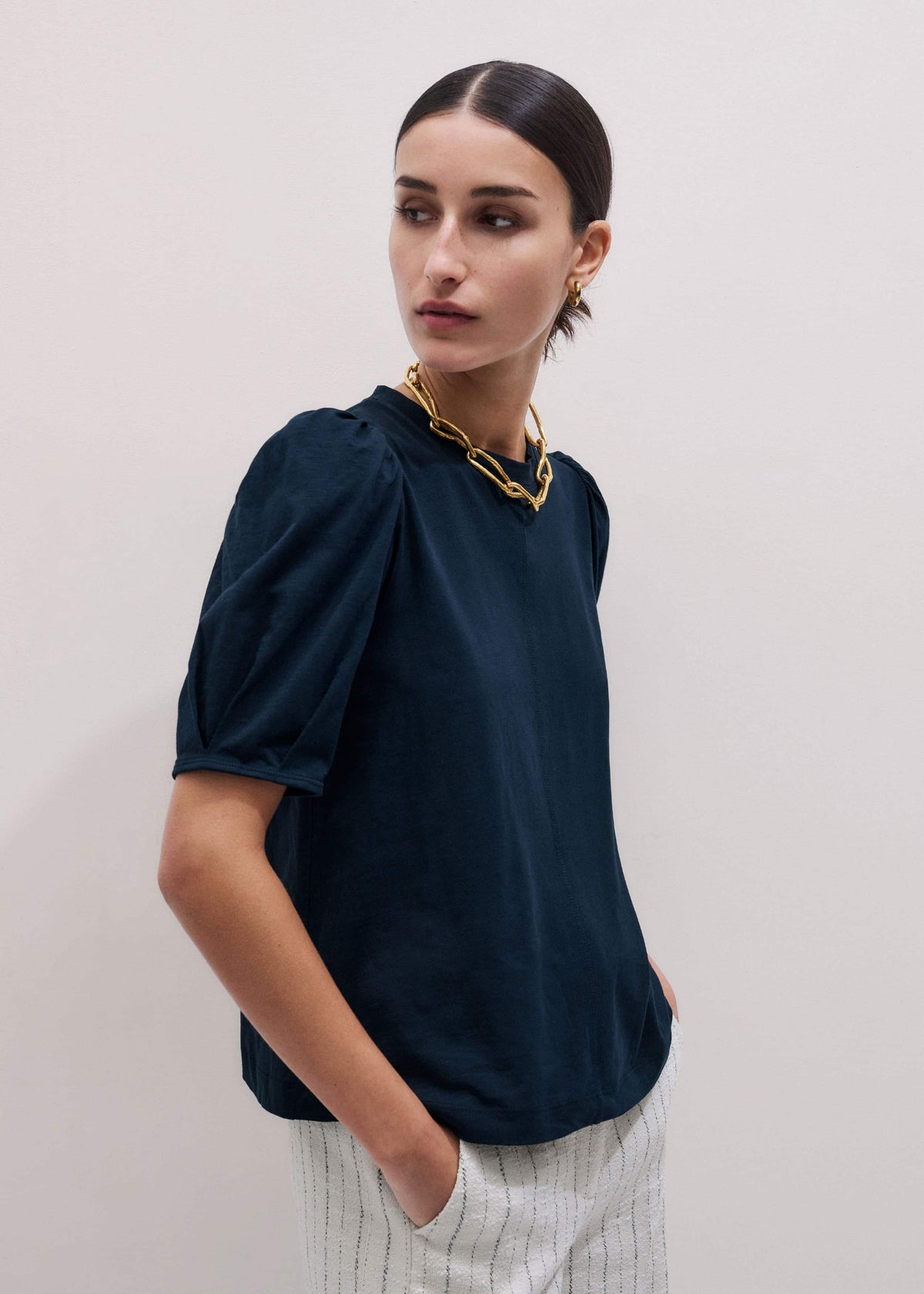 ME+EM Navy Feminine Sleeve Swing Top