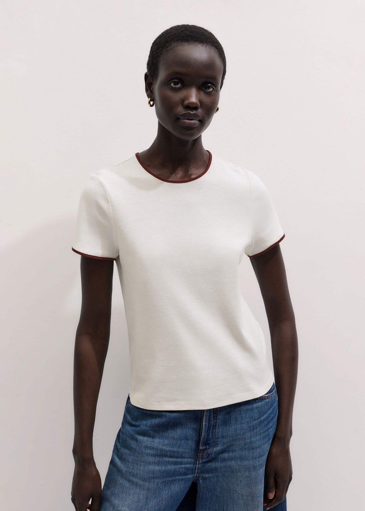 ME+EM Cream Contrast Trim Slim Tee
