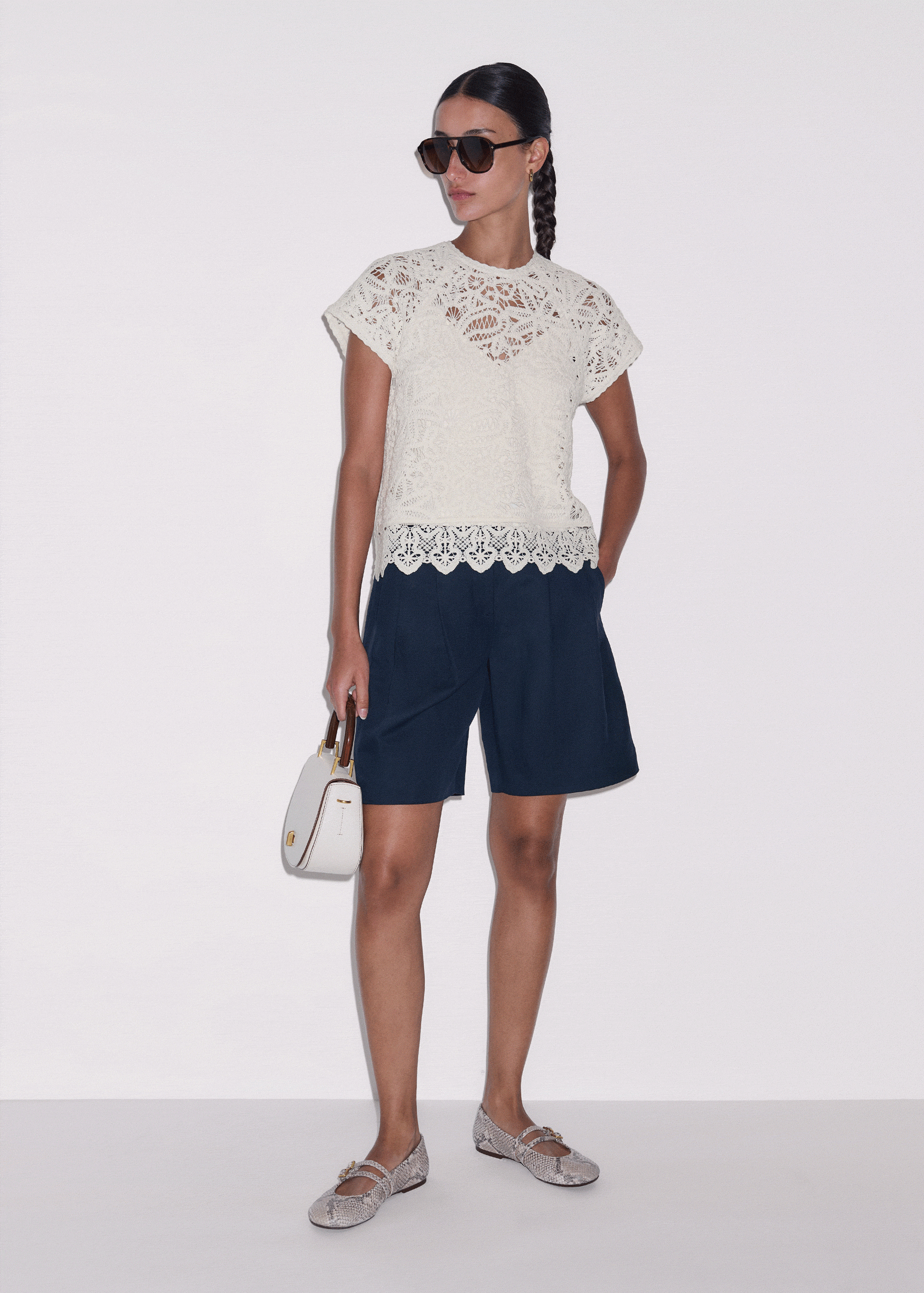 ME+EM Cream Lace Crochet Crop Tee