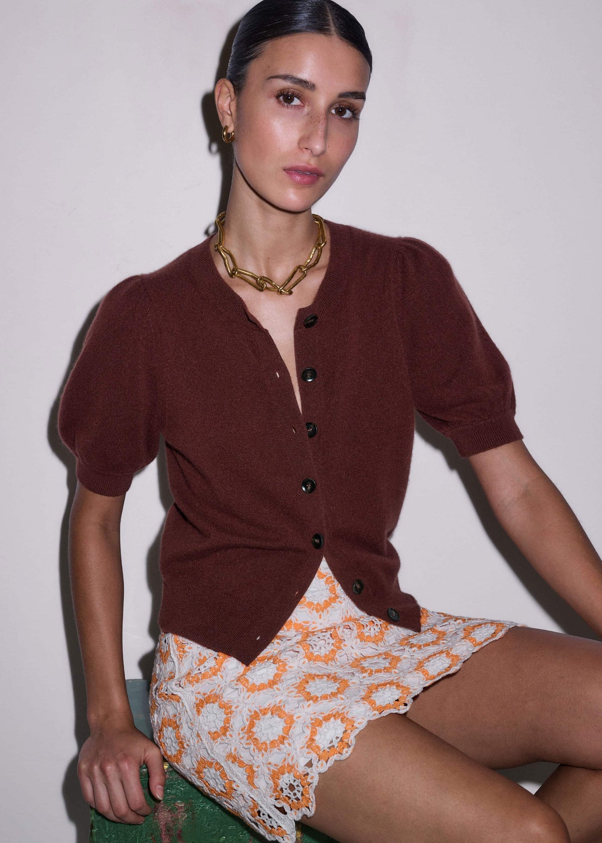 ME+EM Cinnamon Brown Cashmere Feminine Sleeve Cardi