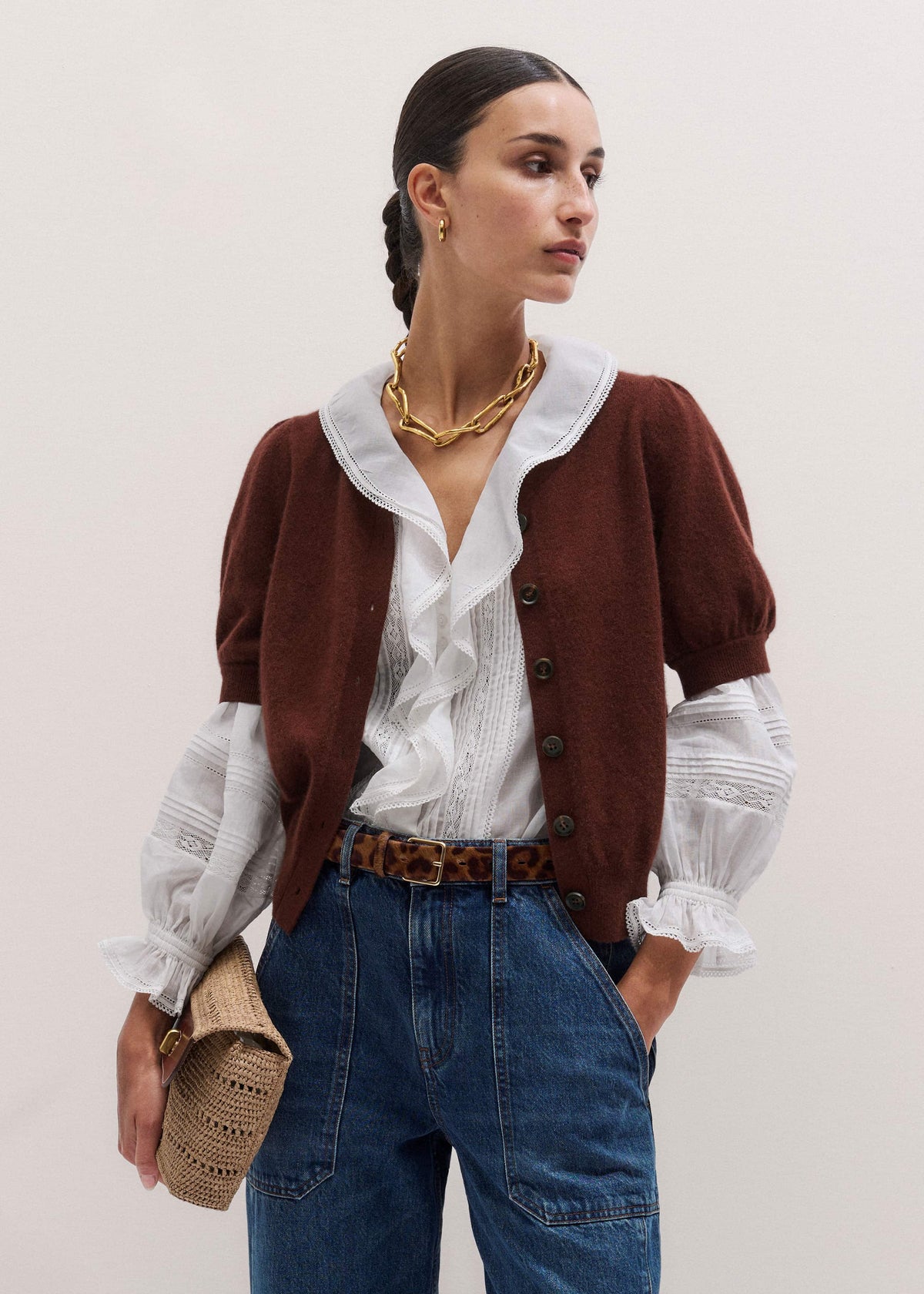 ME+EM Cinnamon Brown Cashmere Feminine Sleeve Cardi