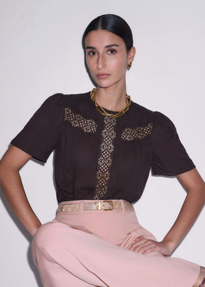 ME+EM Brown Embroidered Cutout Tee