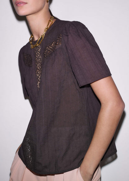 ME+EM Brown Embroidered Cutout Tee