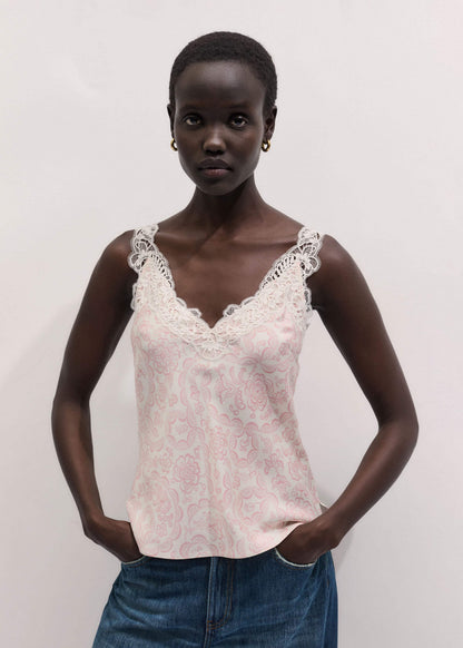 ME+EM Cream Silk Satin Entangled Lace Trim Cami Top