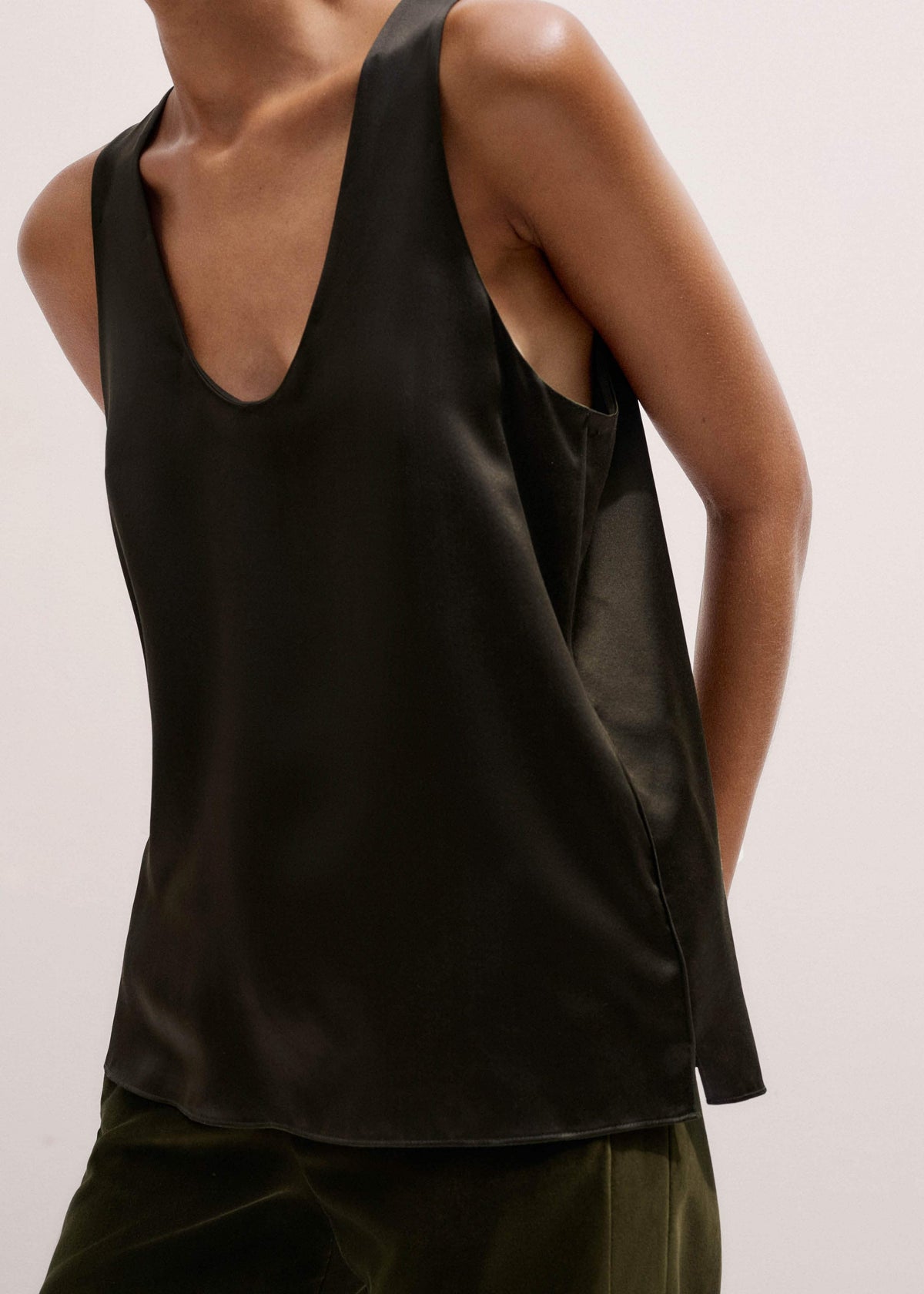 ME+EM Olive Green Silk Satin Evening Tank Top