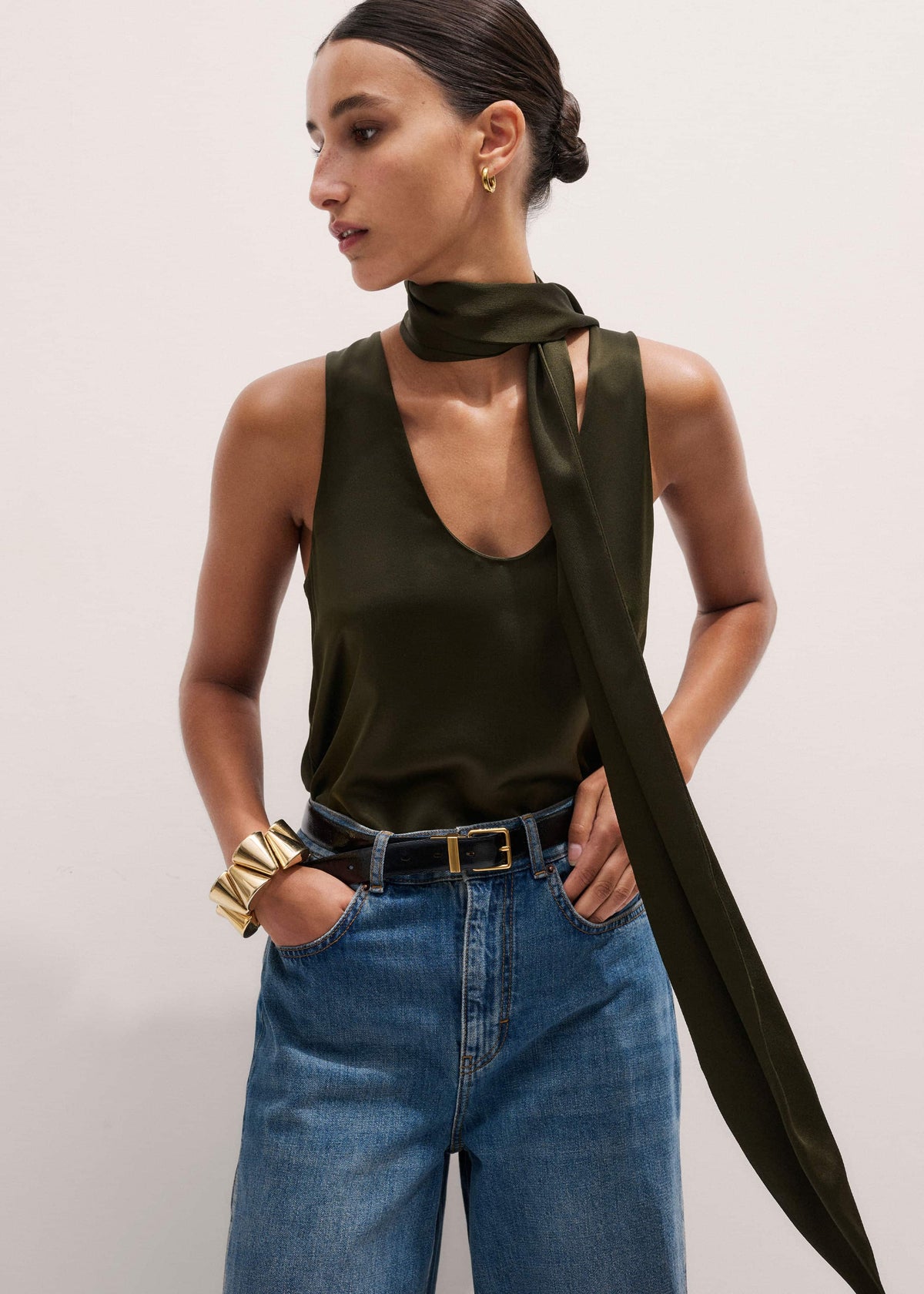 ME+EM Olive Green Silk Satin Evening Tank Top