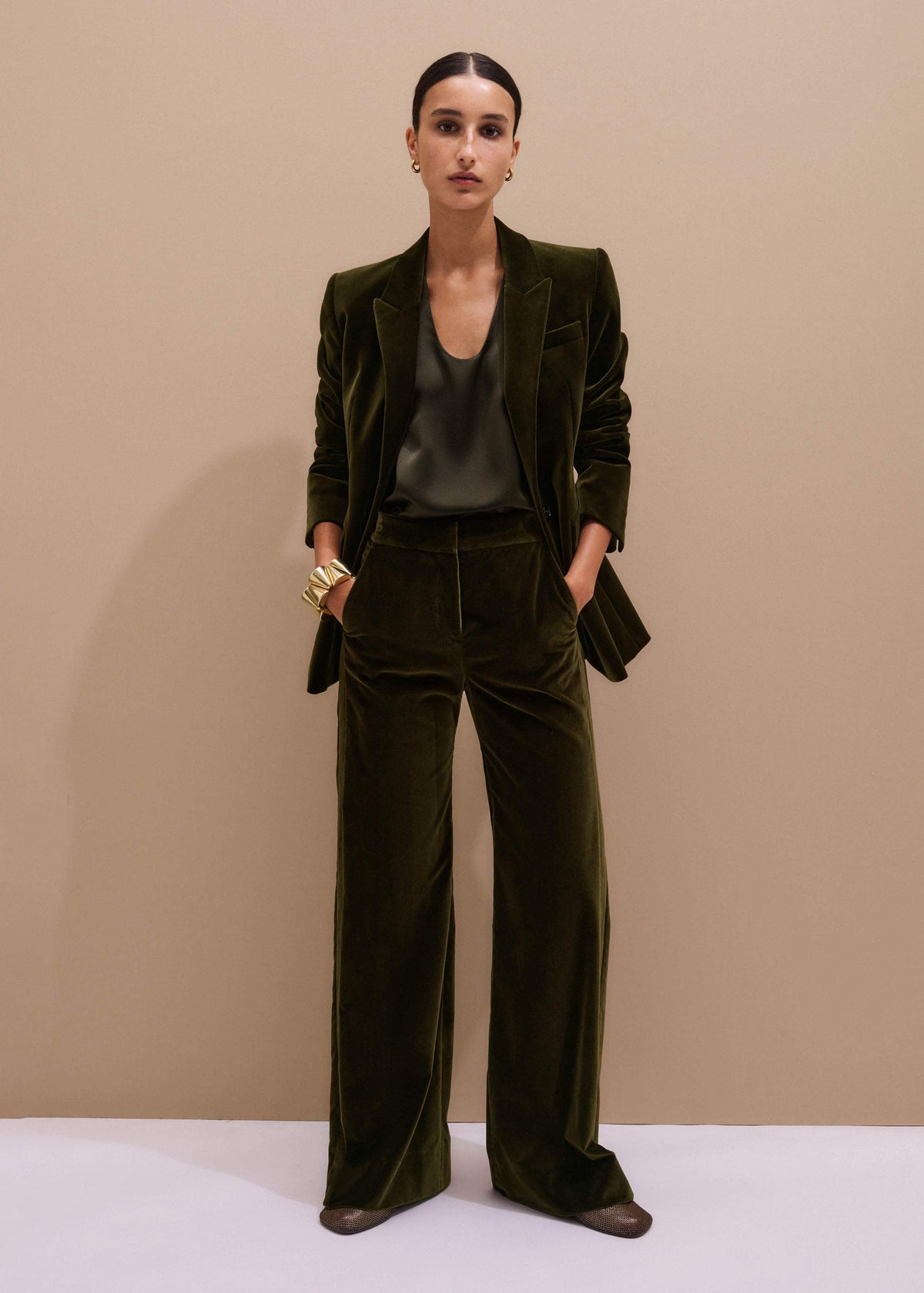 ME+EM Olive Green Silk Satin Evening Tank Top