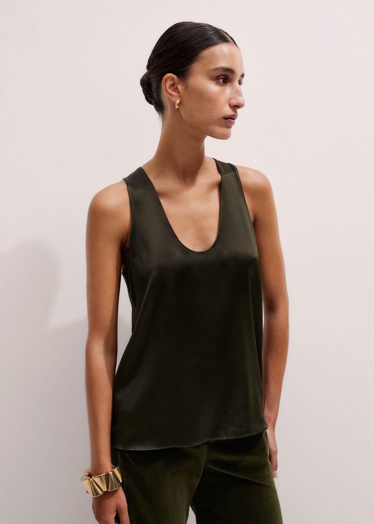 ME+EM Olive Green Silk Satin Evening Tank Top