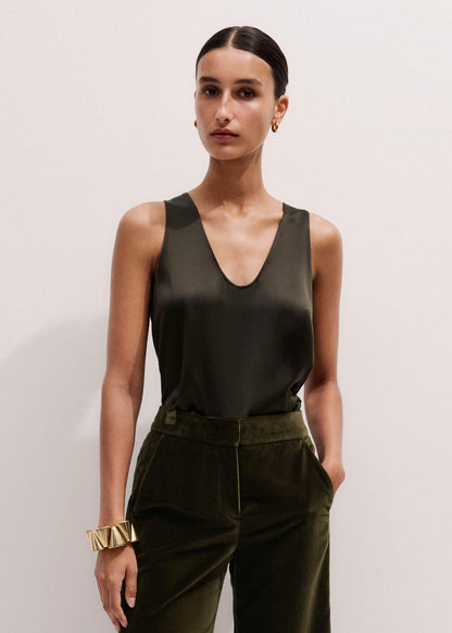 ME+EM Olive Green Silk Satin Evening Tank Top