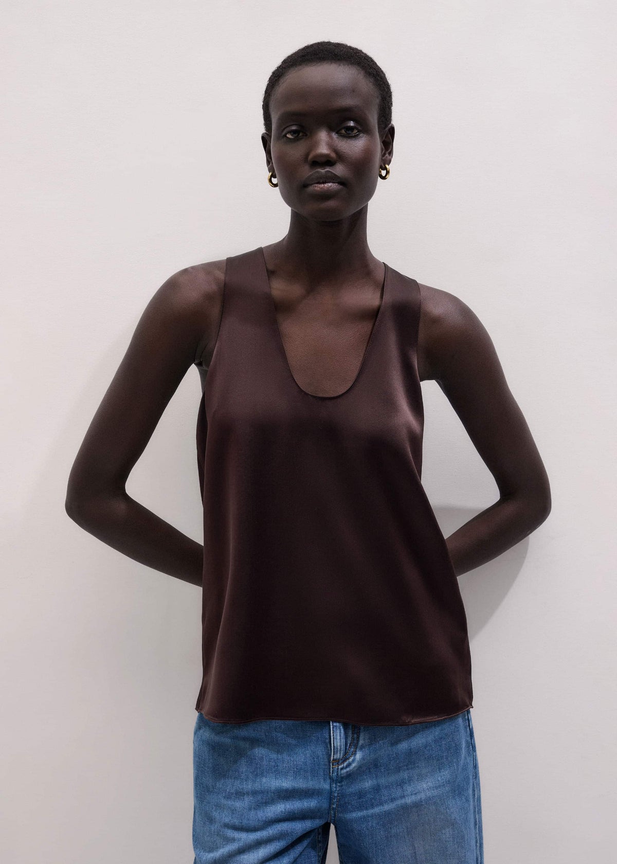 ME+EM Brown Silk Satin Fluid Evening Tank