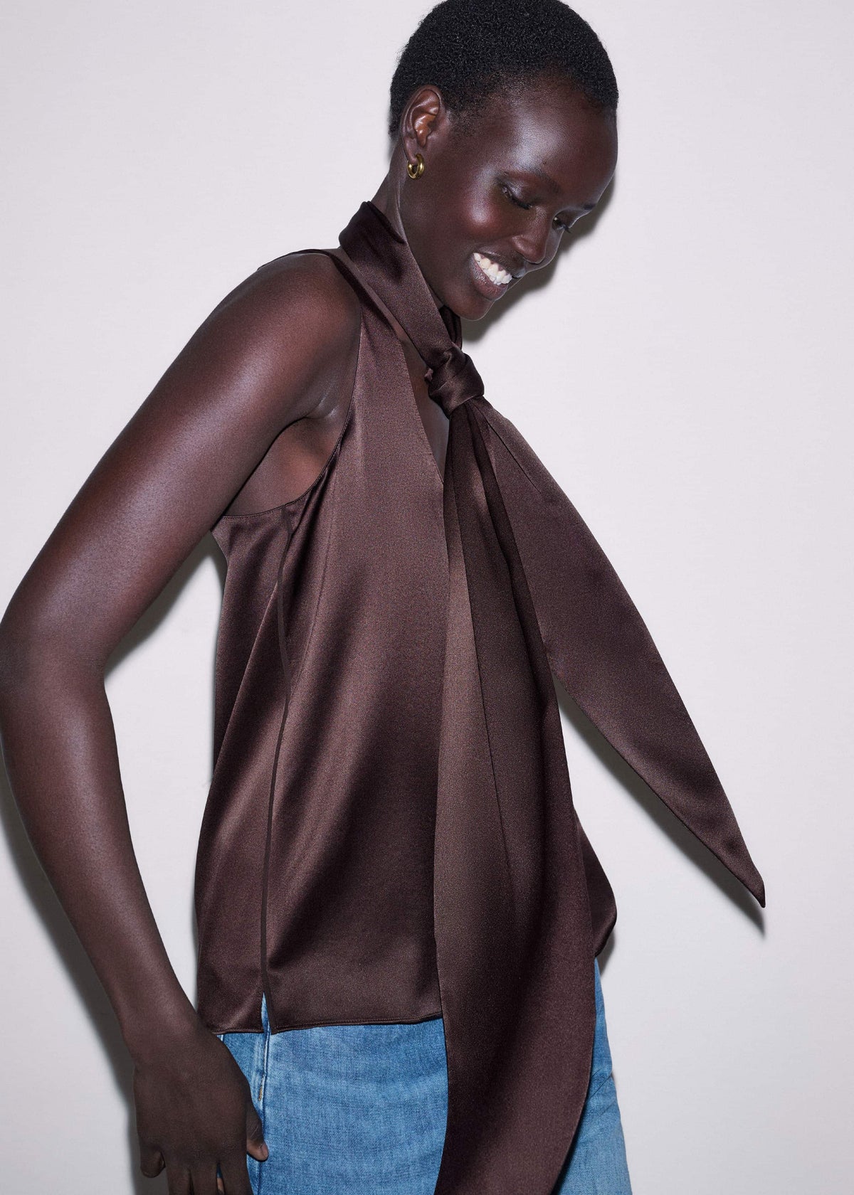 ME+EM Brown Silk Satin Fluid Evening Tank