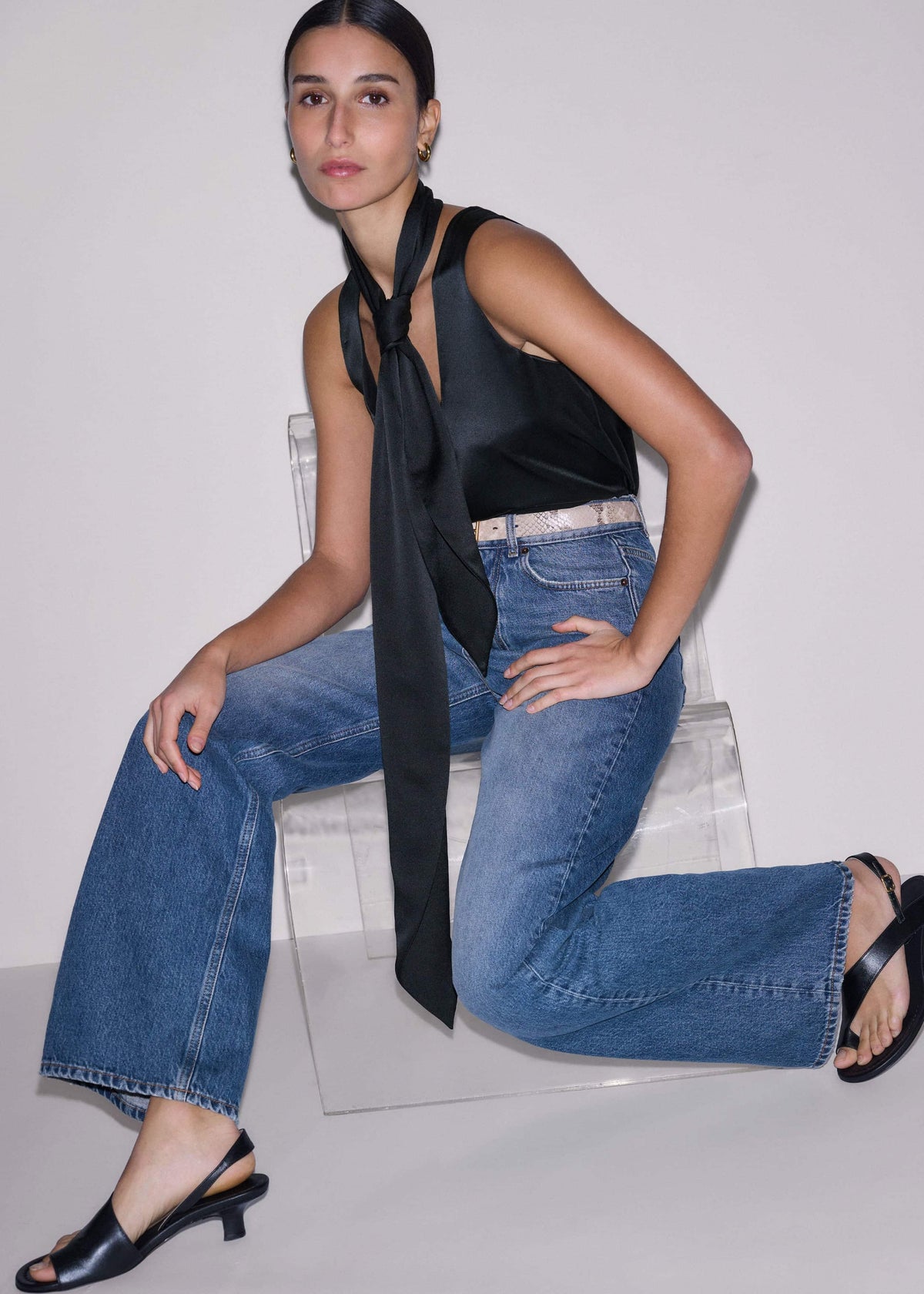 ME+EM Black Silk Satin Evening Tank Top