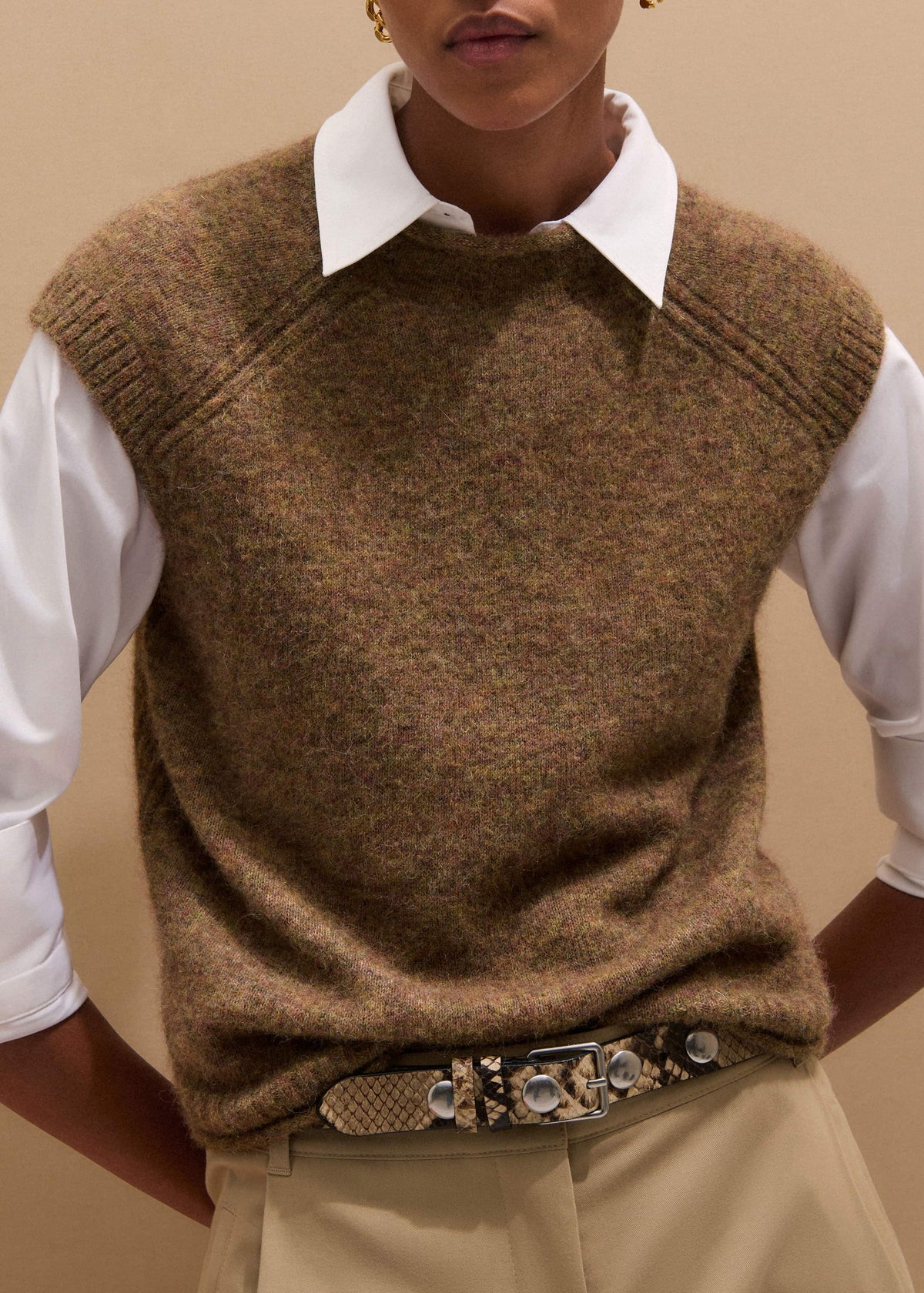 ME+EM Brown Roll Trim Straight Layering Sweater Vest