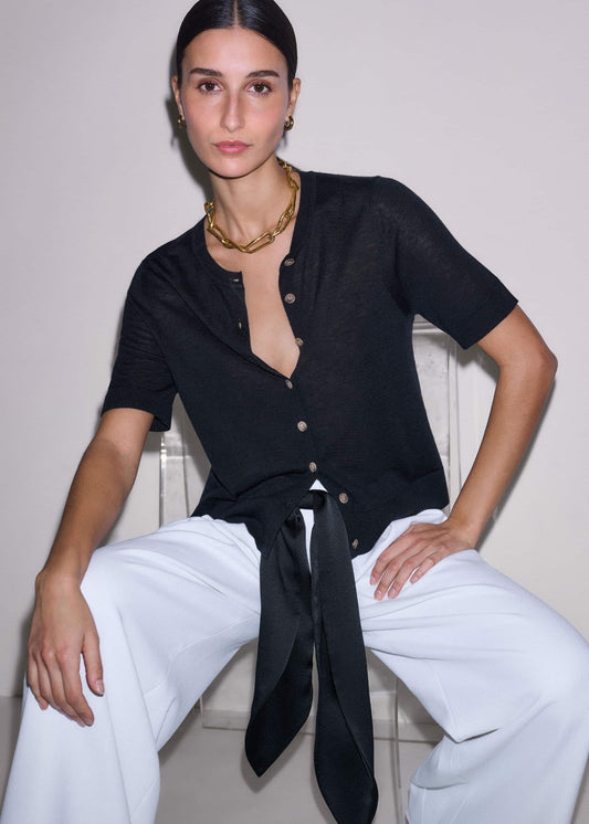 ME+EM Black Merino Cashmere Barely There Buttoned Knit Tee