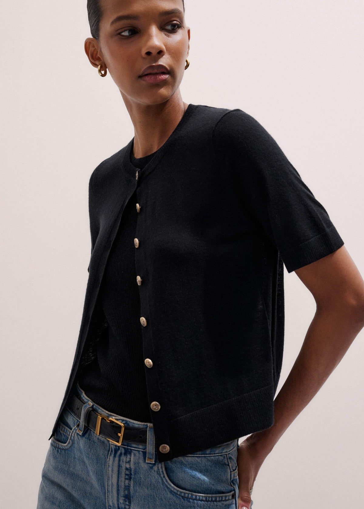 ME+EM Black Merino Cashmere Barely There Buttoned Knit Tee