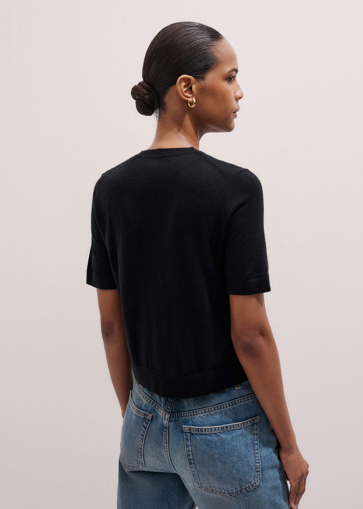 ME+EM Black Merino Cashmere Barely There Buttoned Knit Tee