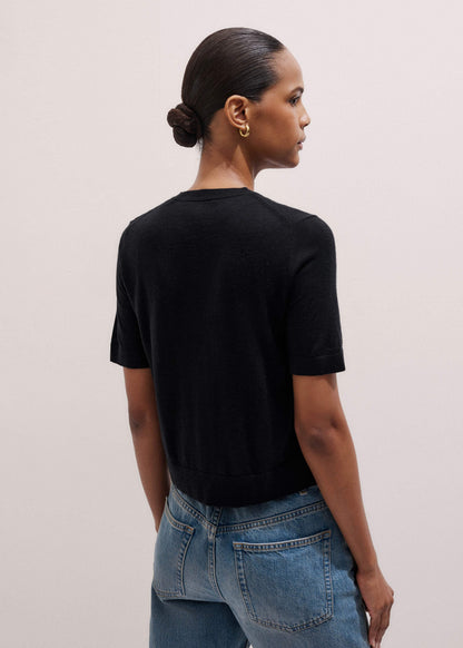 ME+EM Black Merino Cashmere Barely There Buttoned Knit Tee