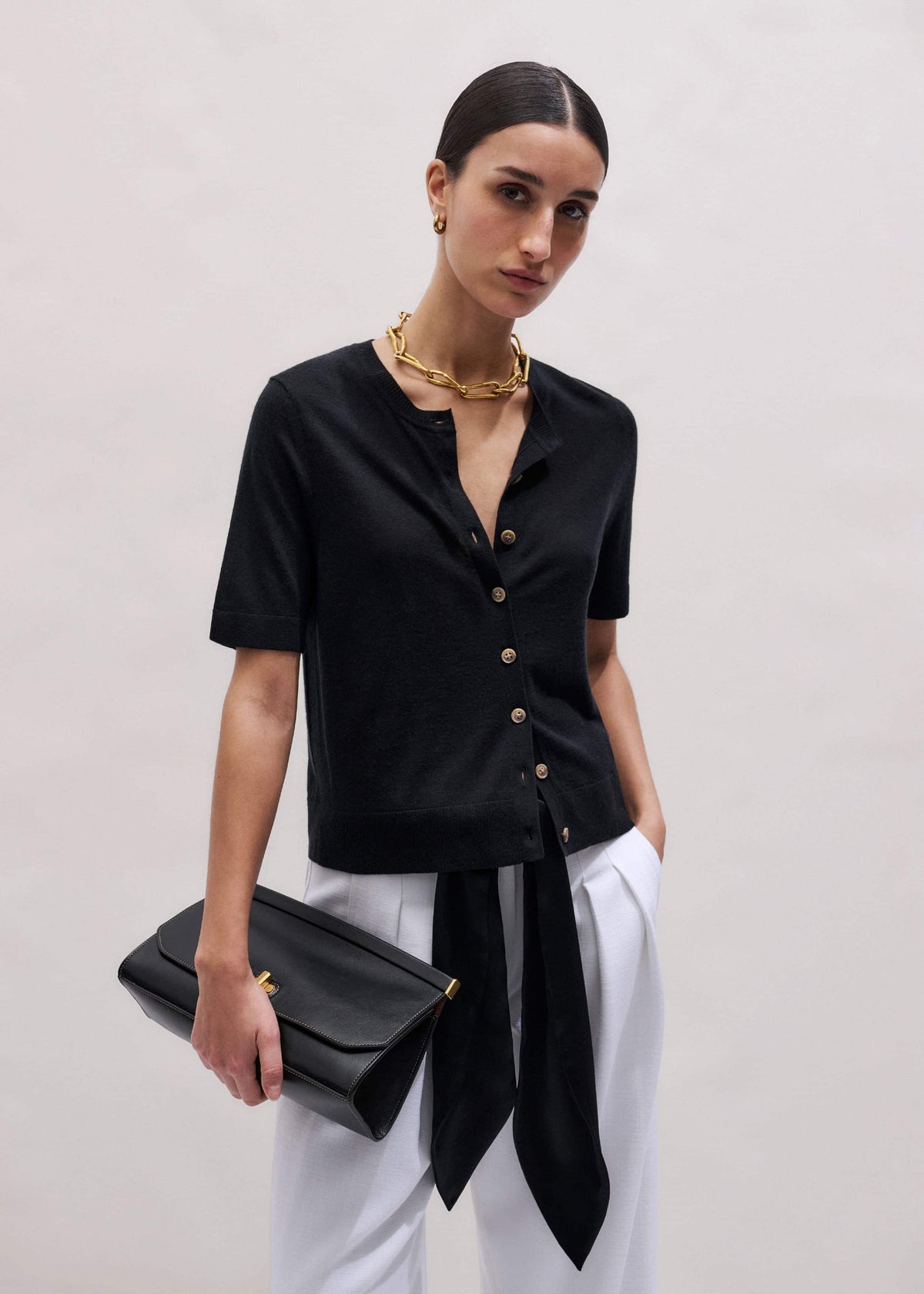ME+EM Black Merino Cashmere Barely There Buttoned Knit Tee