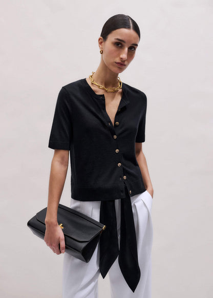 ME+EM Black Merino Cashmere Barely There Buttoned Knit Tee