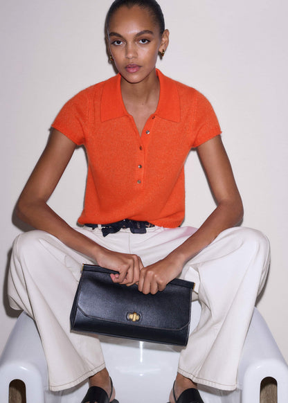ME+EM Orange Merino Cashmere Silk Straight Polo Tee