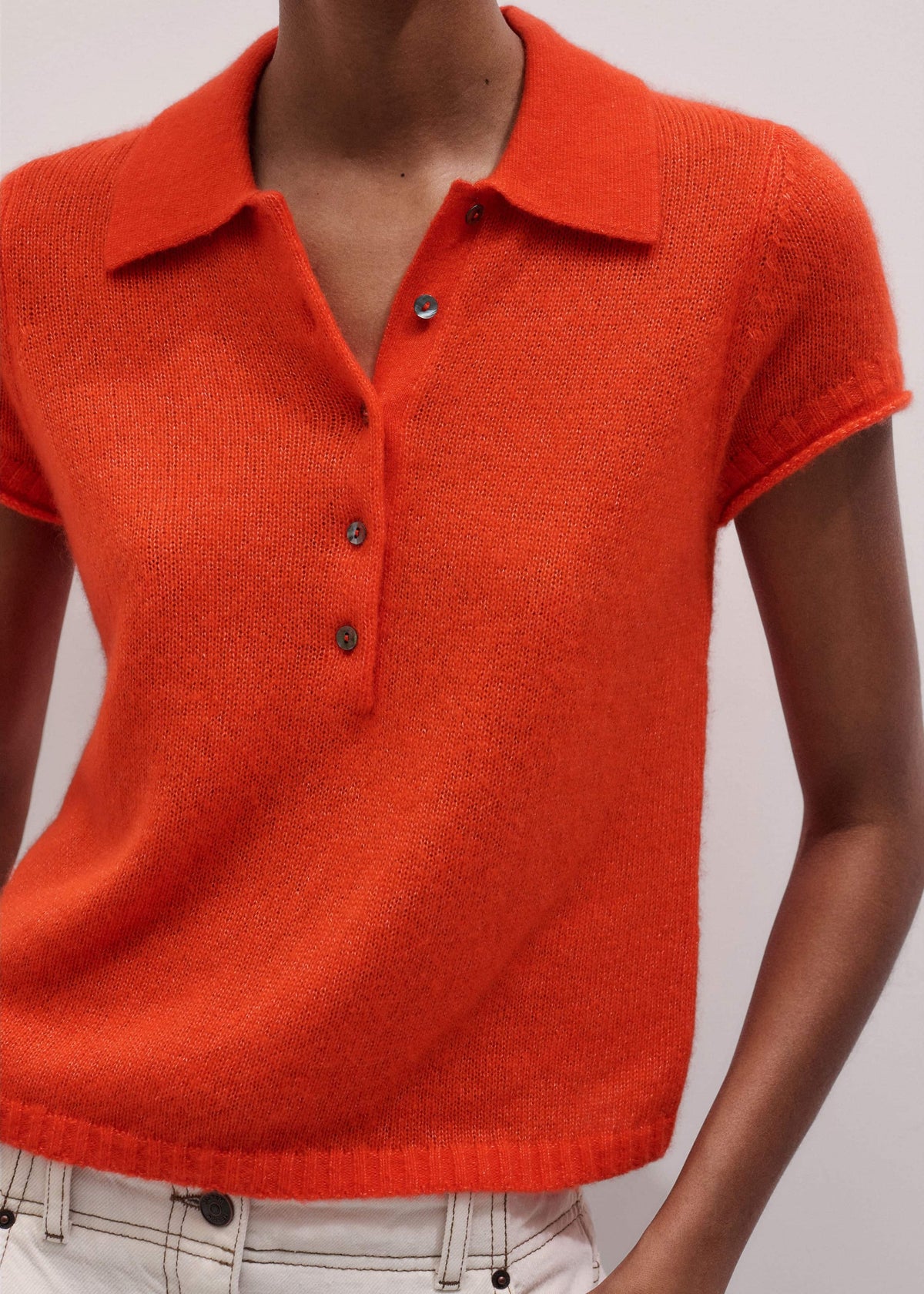 ME+EM Orange Merino Cashmere Silk Straight Polo Tee