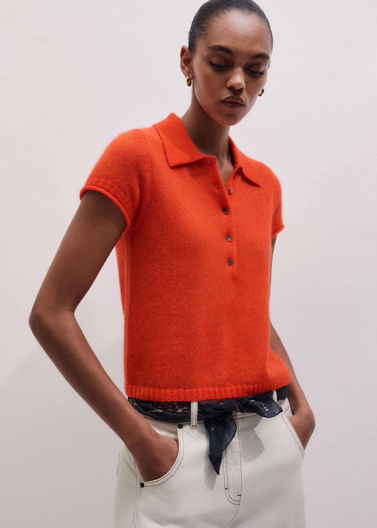ME+EM Orange Merino Cashmere Silk Straight Polo Tee