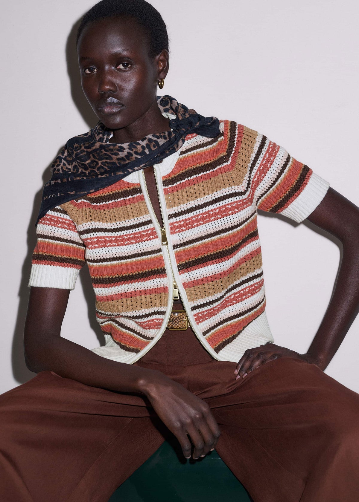 ME+EM Cinnamon Brown Double Zip Knit Tee