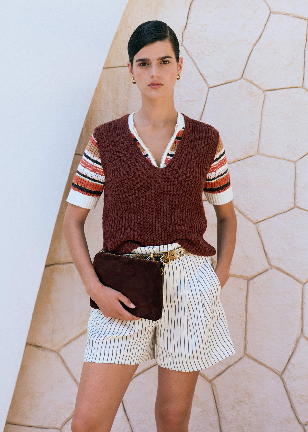 ME+EM Cinnamon Brown Double Zip Knit Tee