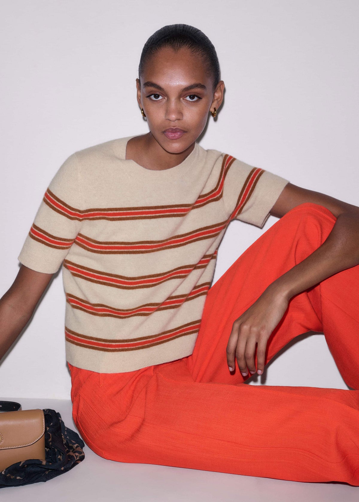 ME+EM Cream Cashmere Stripe Crop Knit Tee