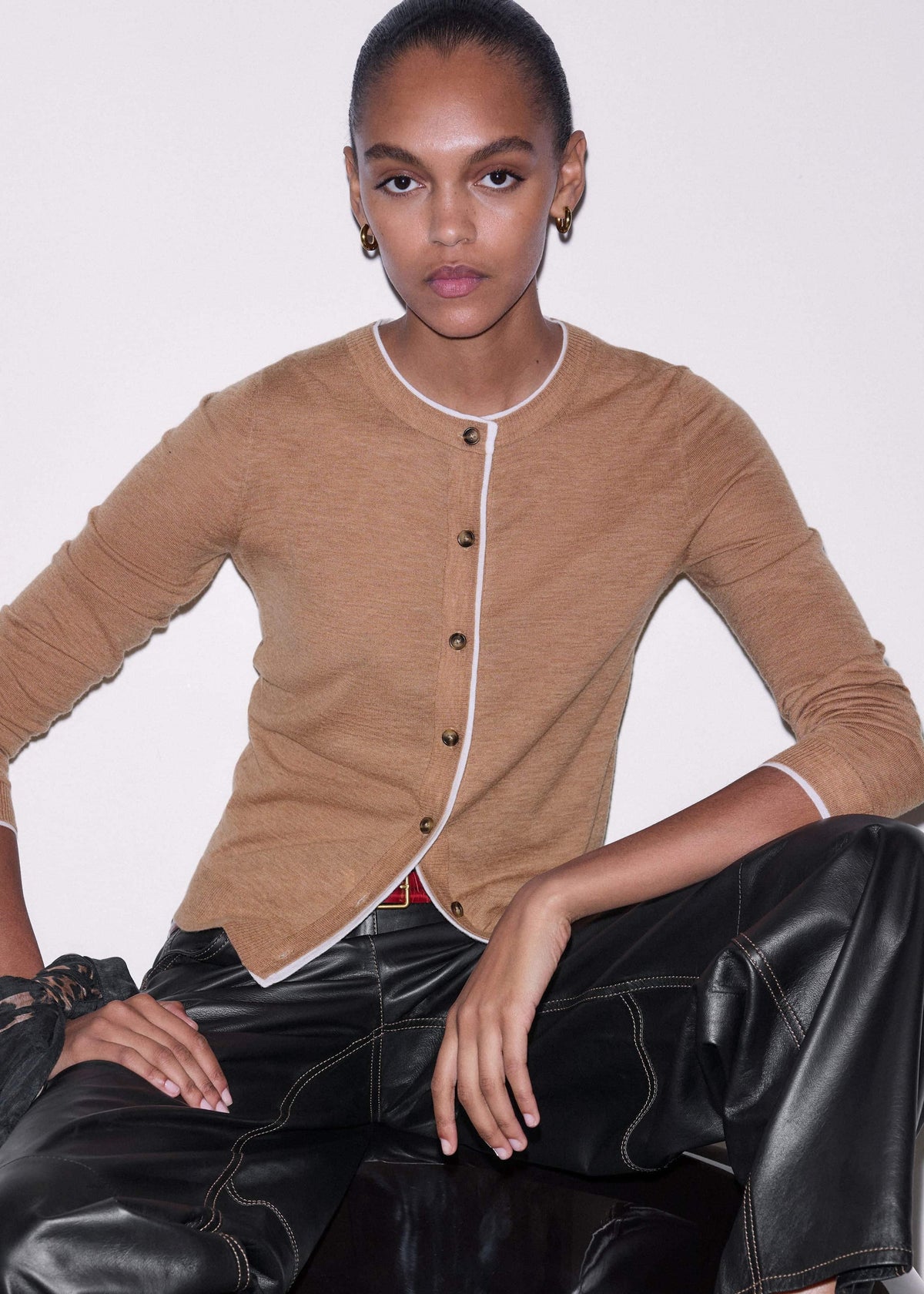 ME+EM Camel Brown Barely There Contrast Slim Cardigan