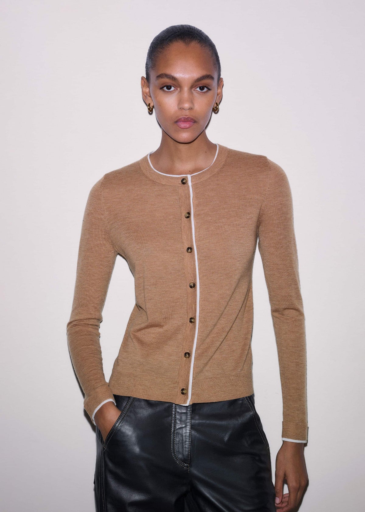 ME+EM Camel Brown Barely There Contrast Slim Cardigan